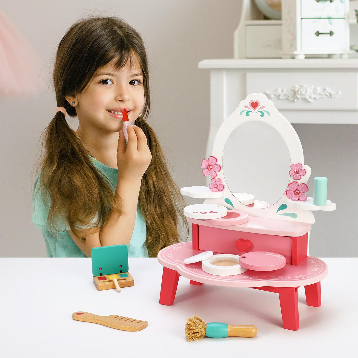 SOKA Wooden Dressing Table Top with Beauty Set – Kids Role Play Make-Up Toy