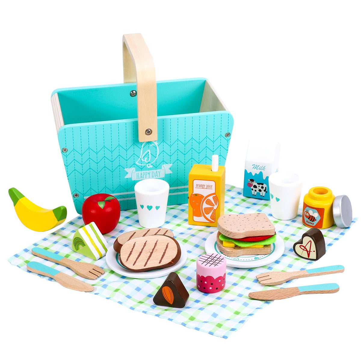 SOKA Happy Day Wooden Picnic Basket Play Set with Blanket – Kids Pretend Play Food Toy