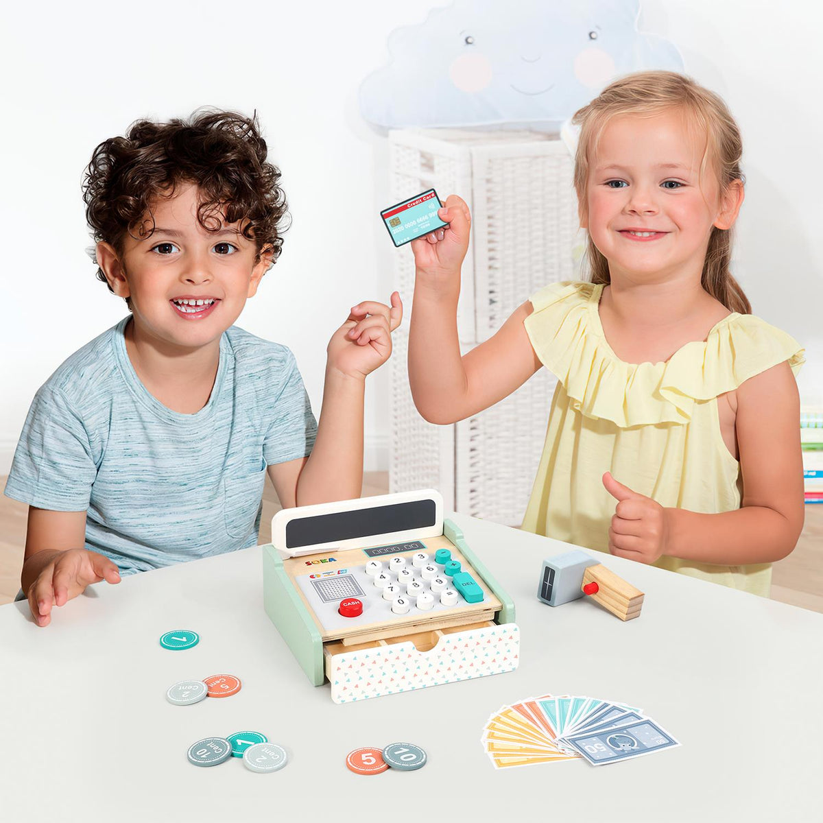 SOKA Wooden Cash Register Toy with Realistic Accessories – Kids Pretend Shop Role Play Set