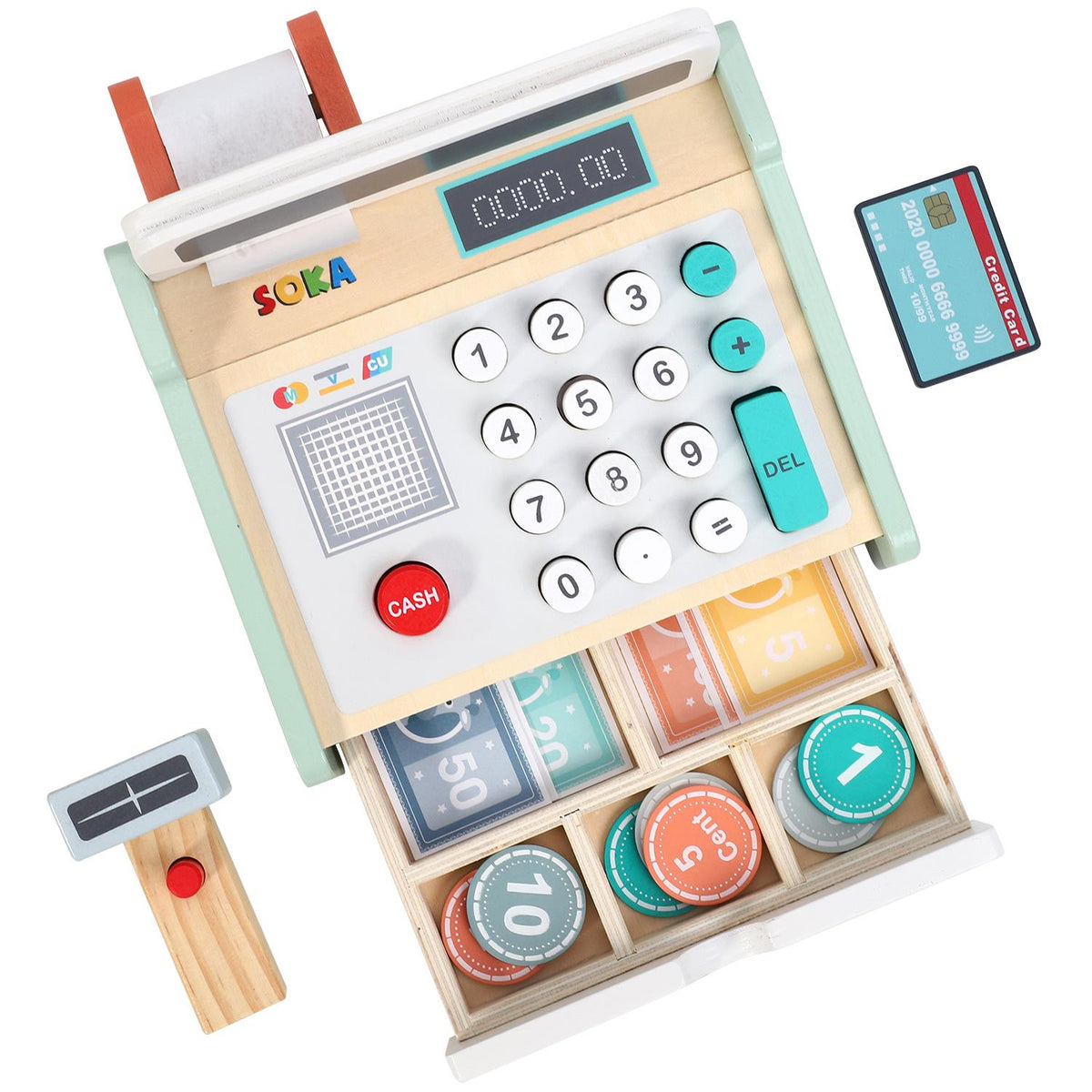 SOKA Wooden Cash Register Toy with Realistic Accessories – Kids Pretend Shop Role Play Set