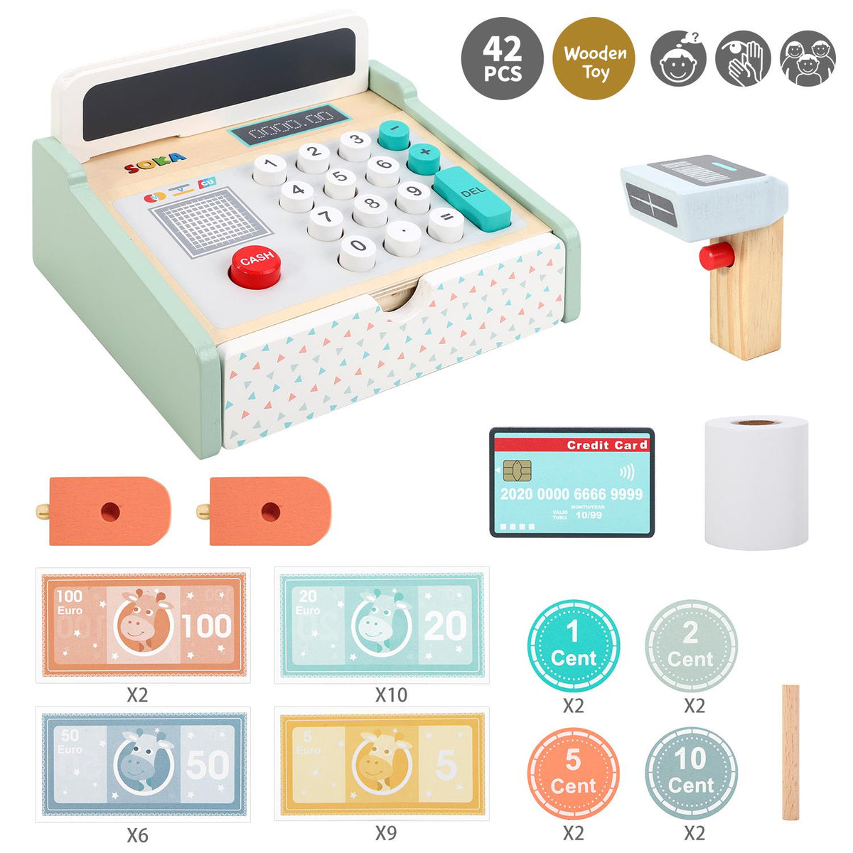 SOKA Wooden Cash Register Toy with Realistic Accessories – Kids Pretend Shop Role Play Set