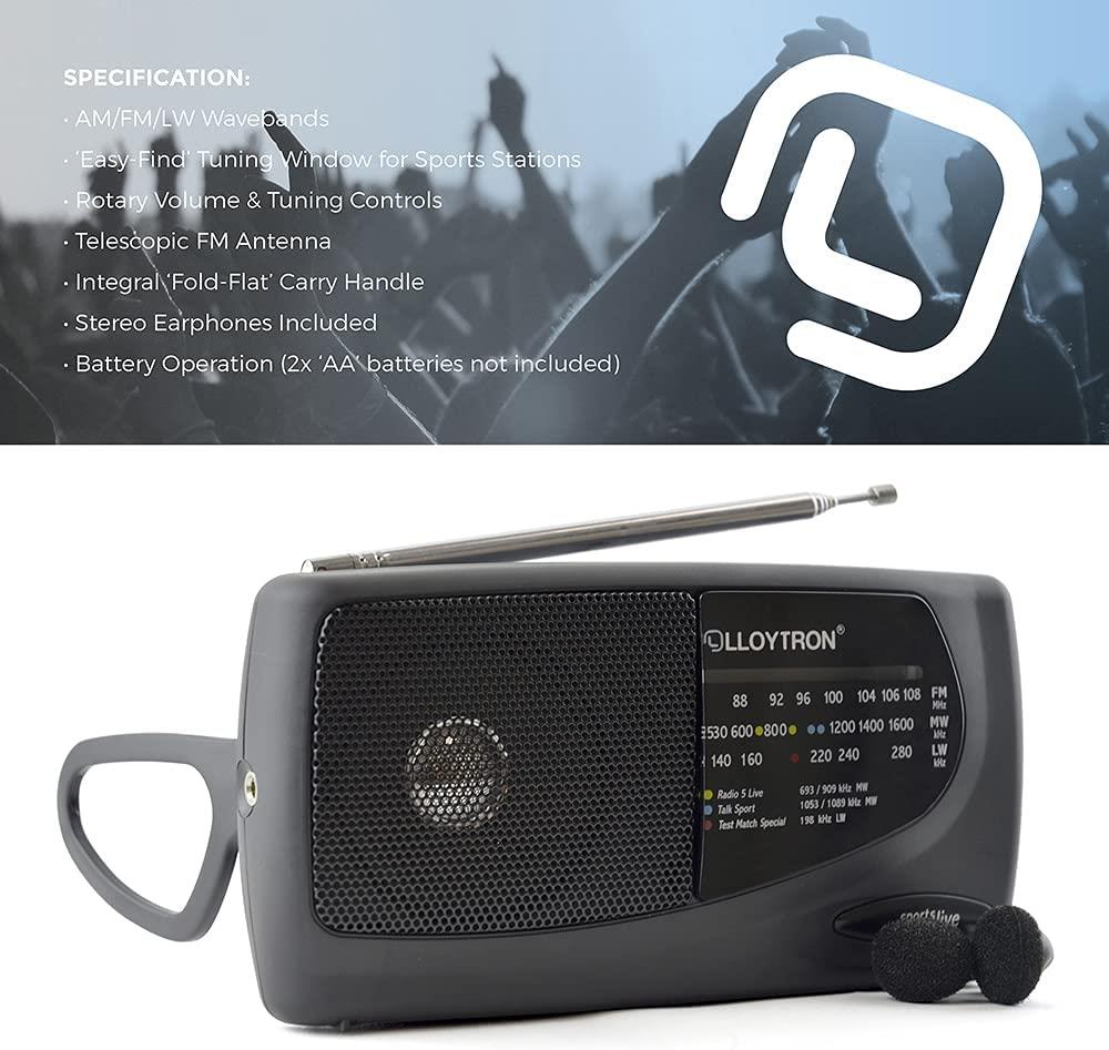 Lloytron 3 Band Sports Personal Radio with Earphones – MW/FM/LW, Telescopic Antenna, Black