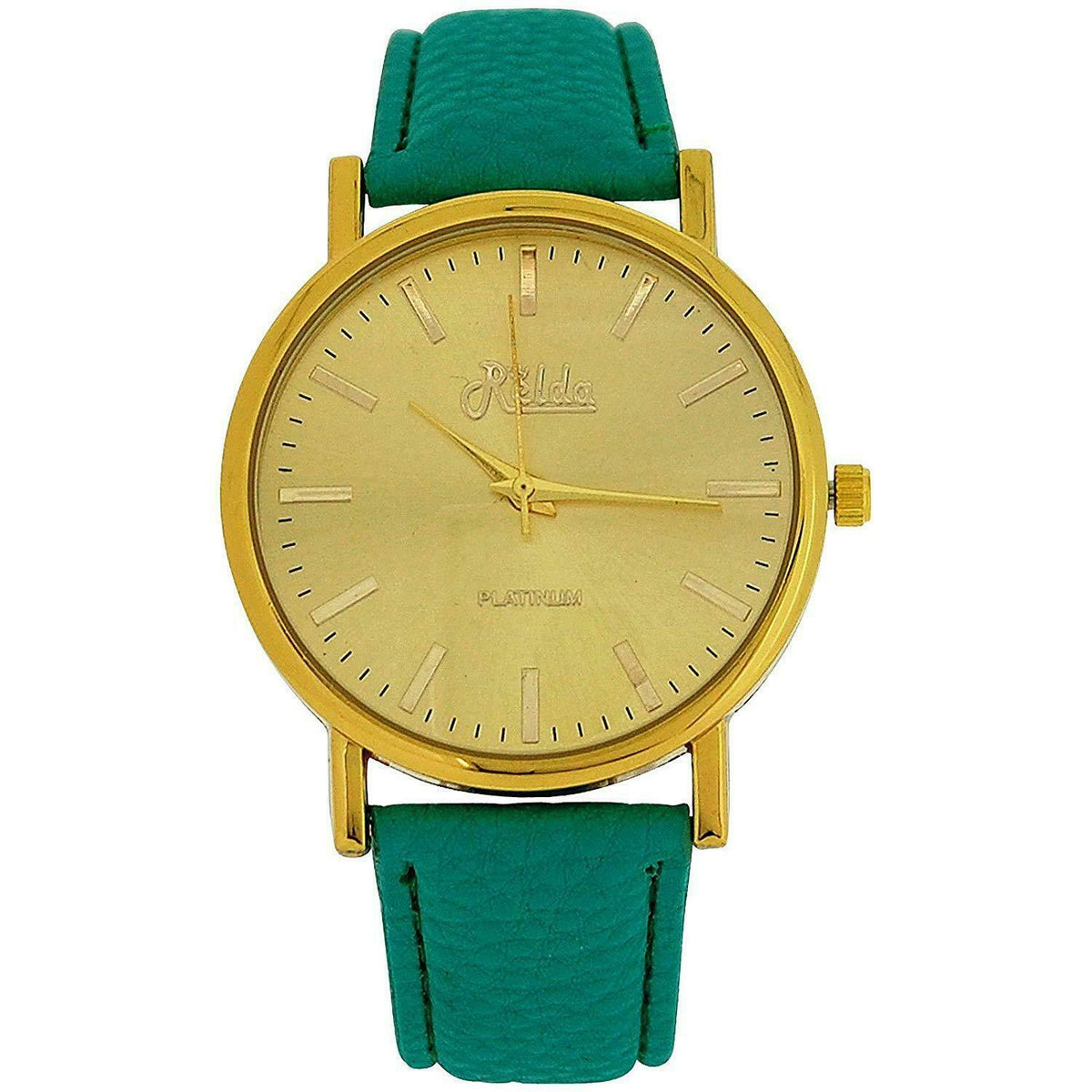 Relda Women's Analogue Watch, Jumbo Gold-Tone Dial, Green Strap – REL60