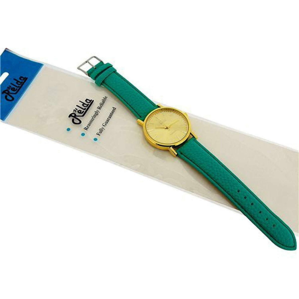 Relda Women's Analogue Watch, Jumbo Gold-Tone Dial, Green Strap – REL60