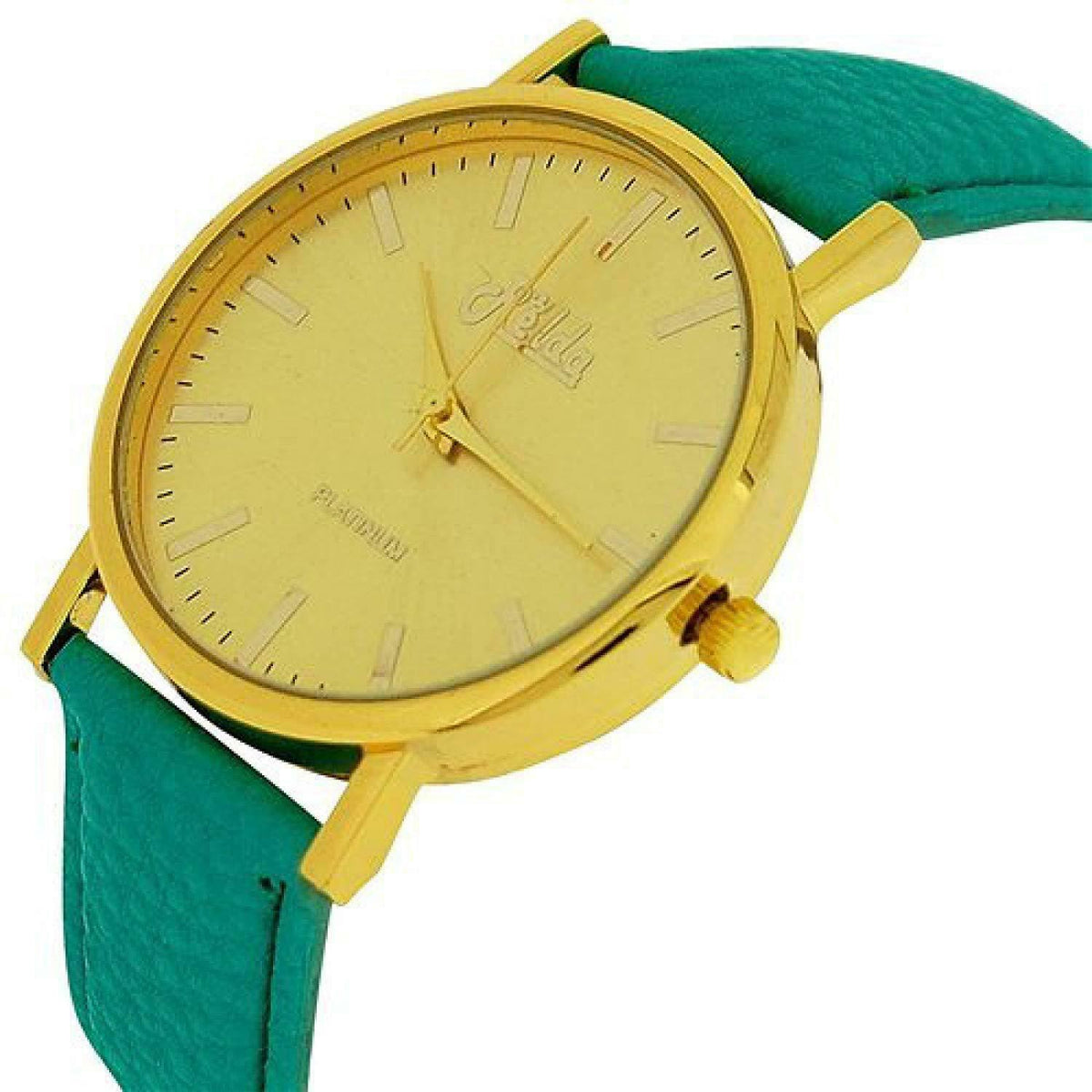Relda Women's Analogue Watch, Jumbo Gold-Tone Dial, Green Strap – REL60