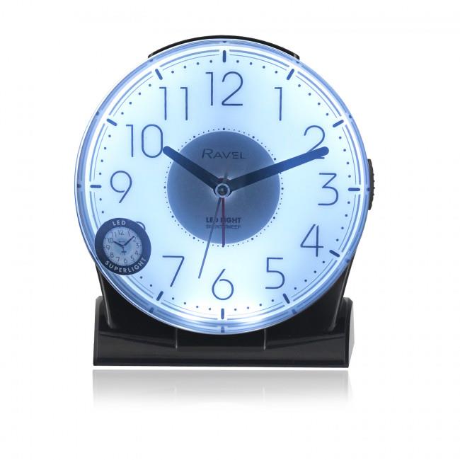 Ravel Large Contemporary Bedside or Mantel Quartz Alarm Clock with LED Superlight – Black