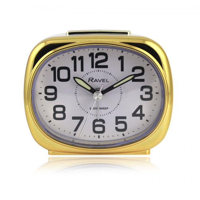 Ravel Small Pillow-Shaped Quartz Bedside Alarm Clock with Chrome Edging, White and Gold