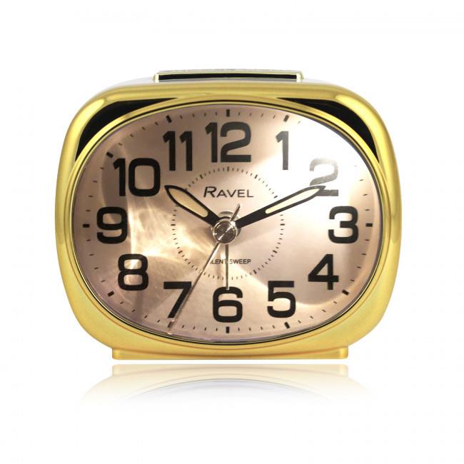 Ravel Small Pillow-Shaped Quartz Bedside Alarm Clock with Chrome Edging, White and Gold