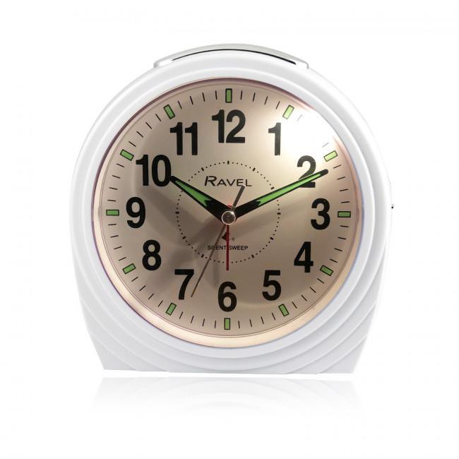 Ravel Large Art Deco Bell Alarm Clock with Quartz Movement – Bedside and Mantel Clock, Gloss White