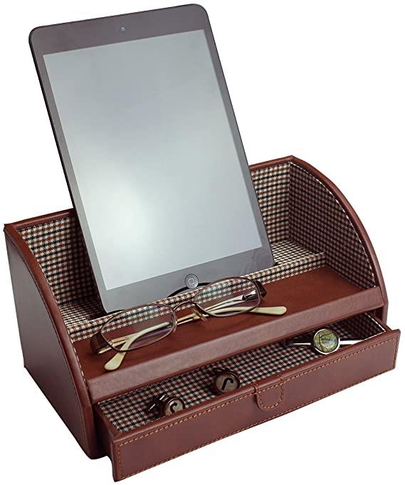 Jacob Jones Charging Valet with Checker-Lined Drawer & Phone Charging Station – Tidy Storage, Tan