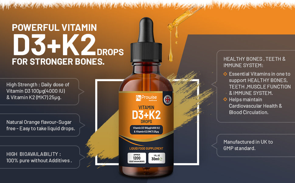 Vitamin D3 4000iu + K2 MK7 25µg Orange Liquid Drops – High Strength 30ml Bottle, 300 Servings