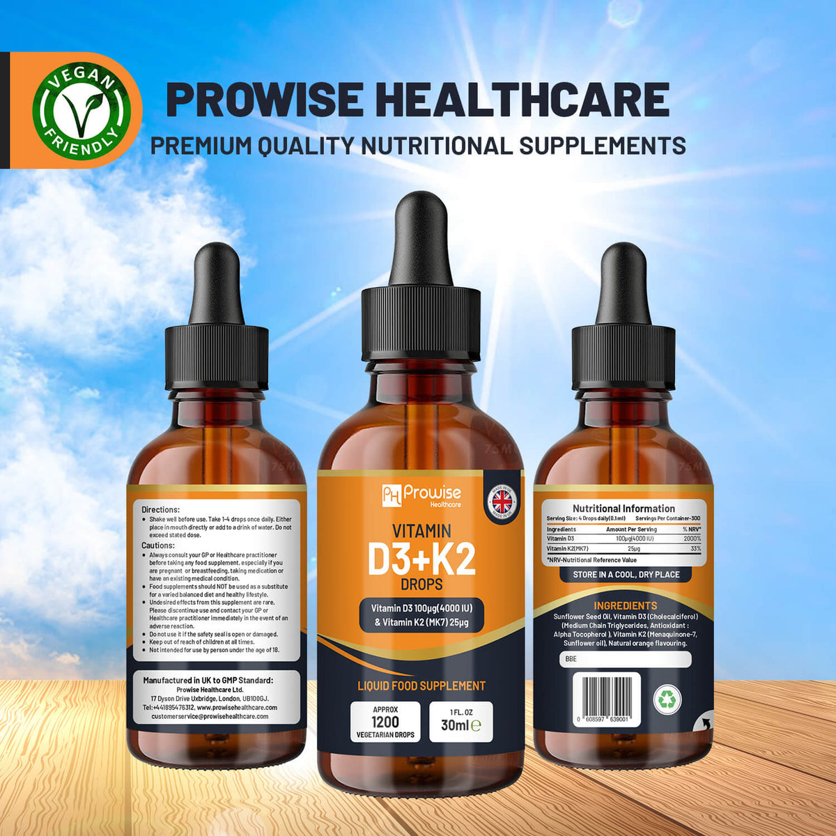 Vitamin D3 4000iu + K2 MK7 25µg Orange Liquid Drops – High Strength 30ml Bottle, 300 Servings