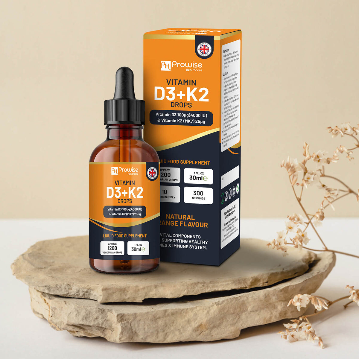 Vitamin D3 4000iu + K2 MK7 25µg Orange Liquid Drops – High Strength 30ml Bottle, 300 Servings
