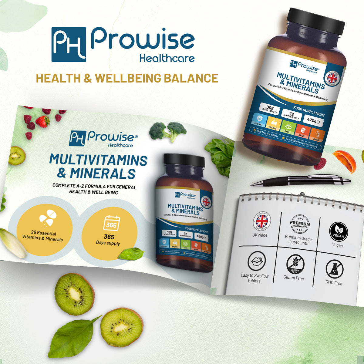 Prowise A-Z Multivitamins & Minerals – 365 Vegan Tablets with 26 Active Vitamins & Minerals, 12-Month Supply