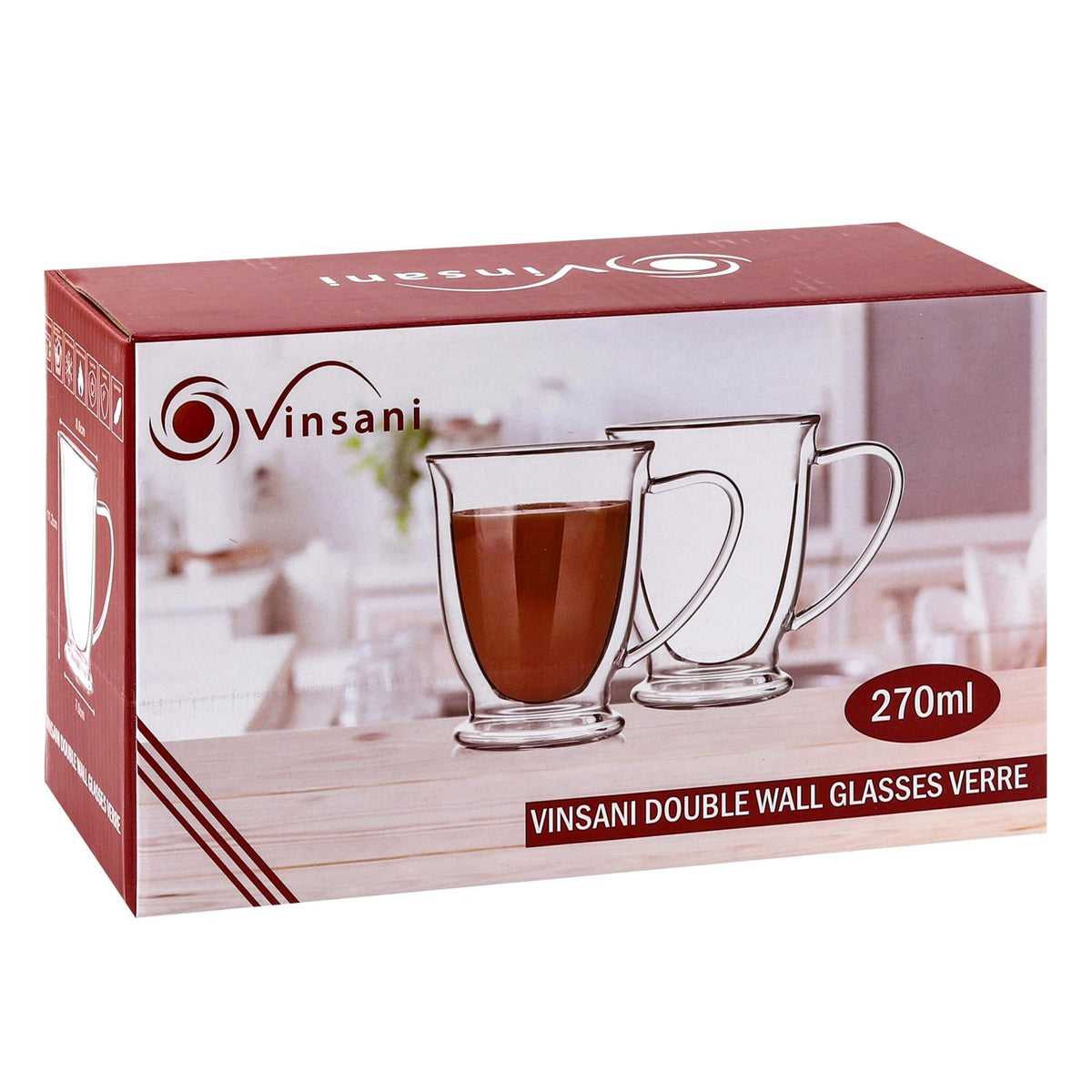 Vinsani Double Wall Glasses Set of 2, Verre Design – Borosilicate Glass Cups for Coffee, Tea and Cocktails
