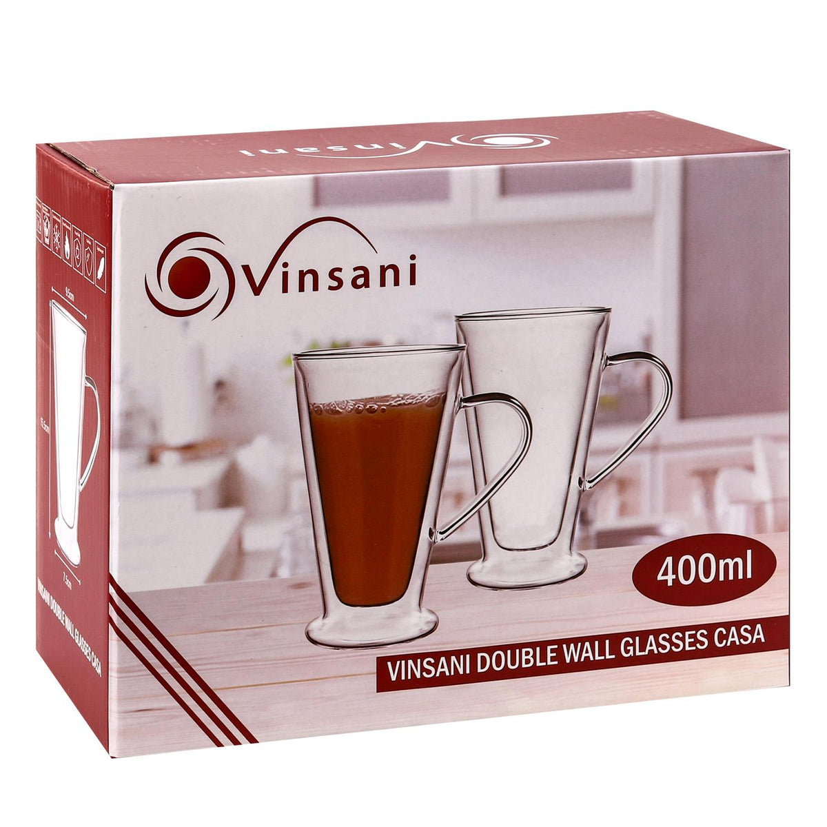 VINSANI CASA Double Wall Glasses, Set of 2 Borosilicate Glass Cups for Hot & Cold Drinks – Clear