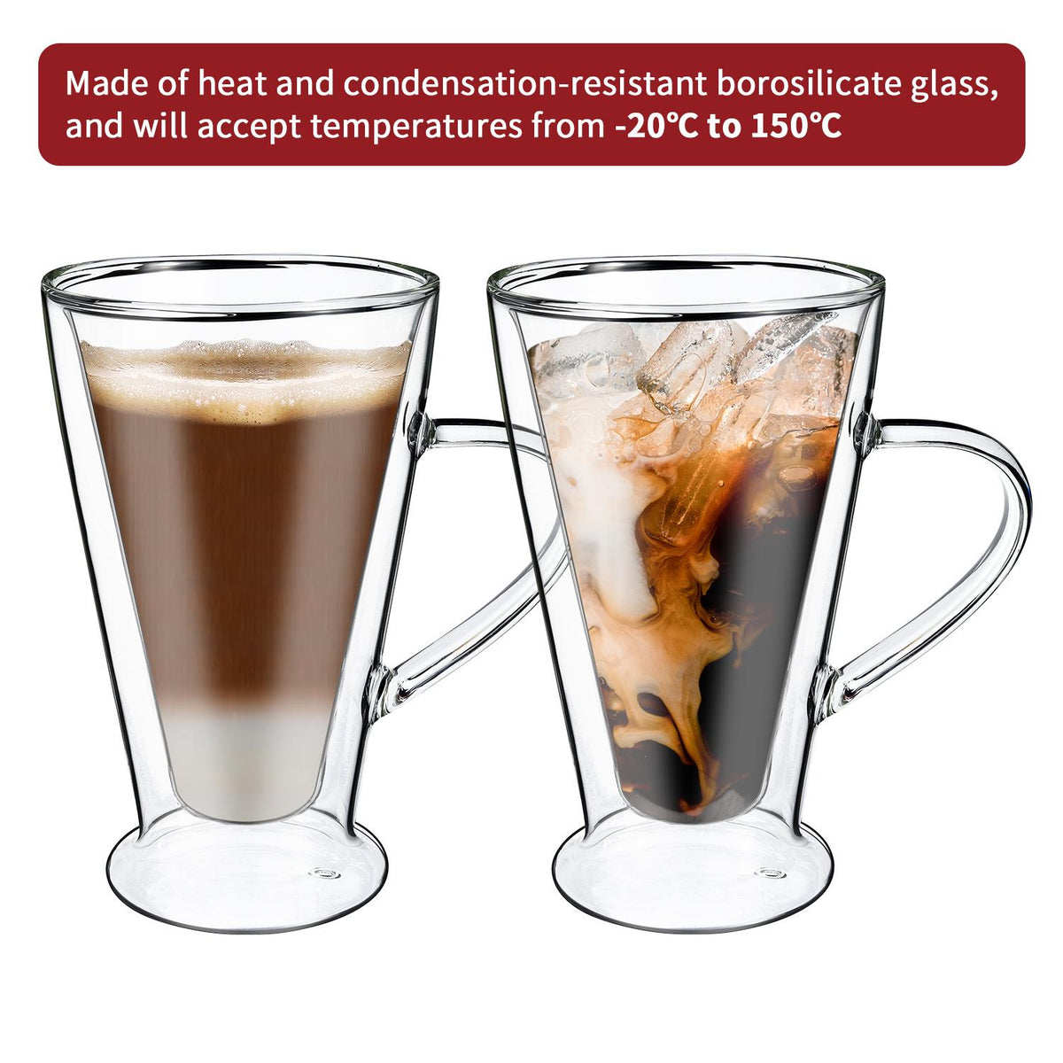 VINSANI CASA Double Wall Glasses, Set of 2 Borosilicate Glass Cups for Hot & Cold Drinks – Clear