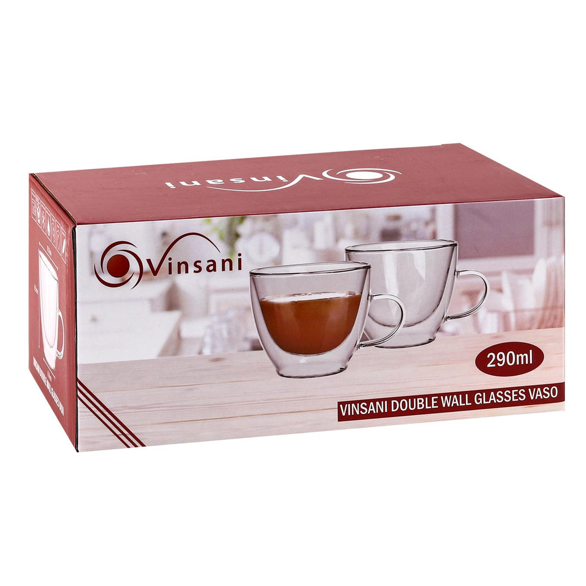 Vinsani Double Wall Glasses Set of 2 – Borosilicate Glass Cups for Hot and Cold Drinks, VASO 290ml