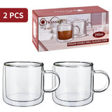 VINSANI COPA Double Wall Glasses, Set of 2 Borosilicate Glass Cups for Hot & Cold Drinks – Clear