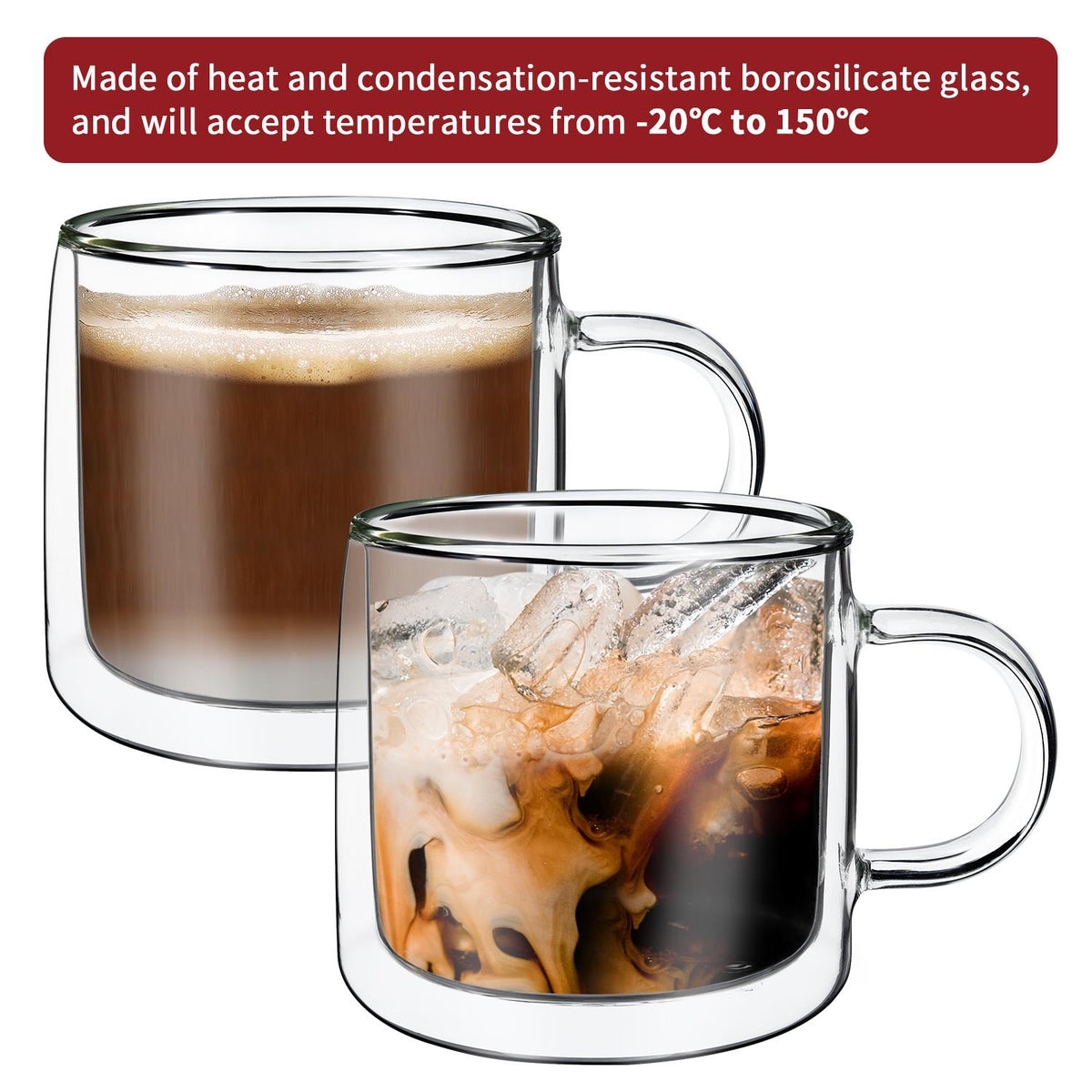 VINSANI COPA Double Wall Glasses, Set of 2 Borosilicate Glass Cups for Hot & Cold Drinks – Clear