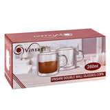 VINSANI COPA Double Wall Glasses, Set of 2 Borosilicate Glass Cups for Hot & Cold Drinks – Clear