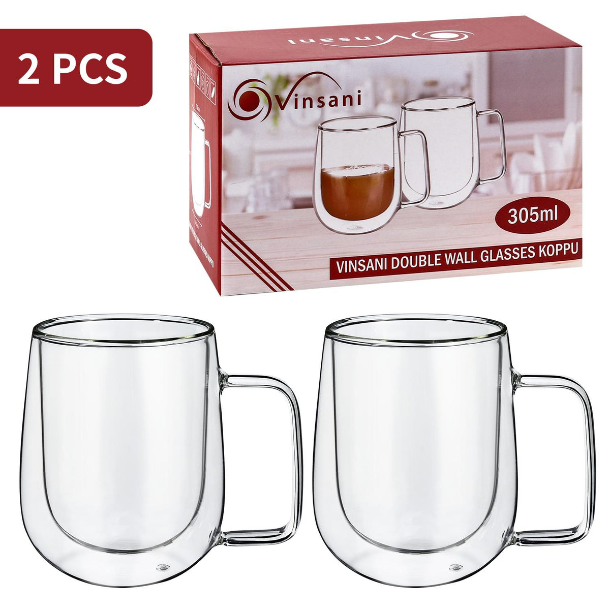 Vinsani Koffu Double Wall Glasses, Set of 2, 305ml Borosilicate – Hot and Cold Drinks Cups