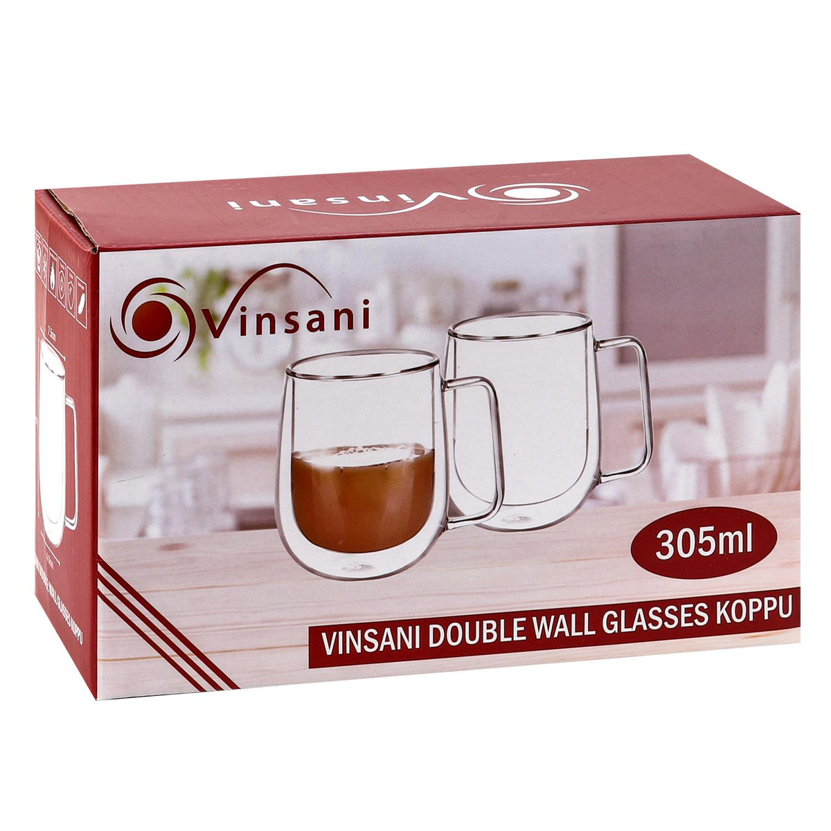 Vinsani Koffu Double Wall Glasses, Set of 2, 305ml Borosilicate – Hot and Cold Drinks Cups