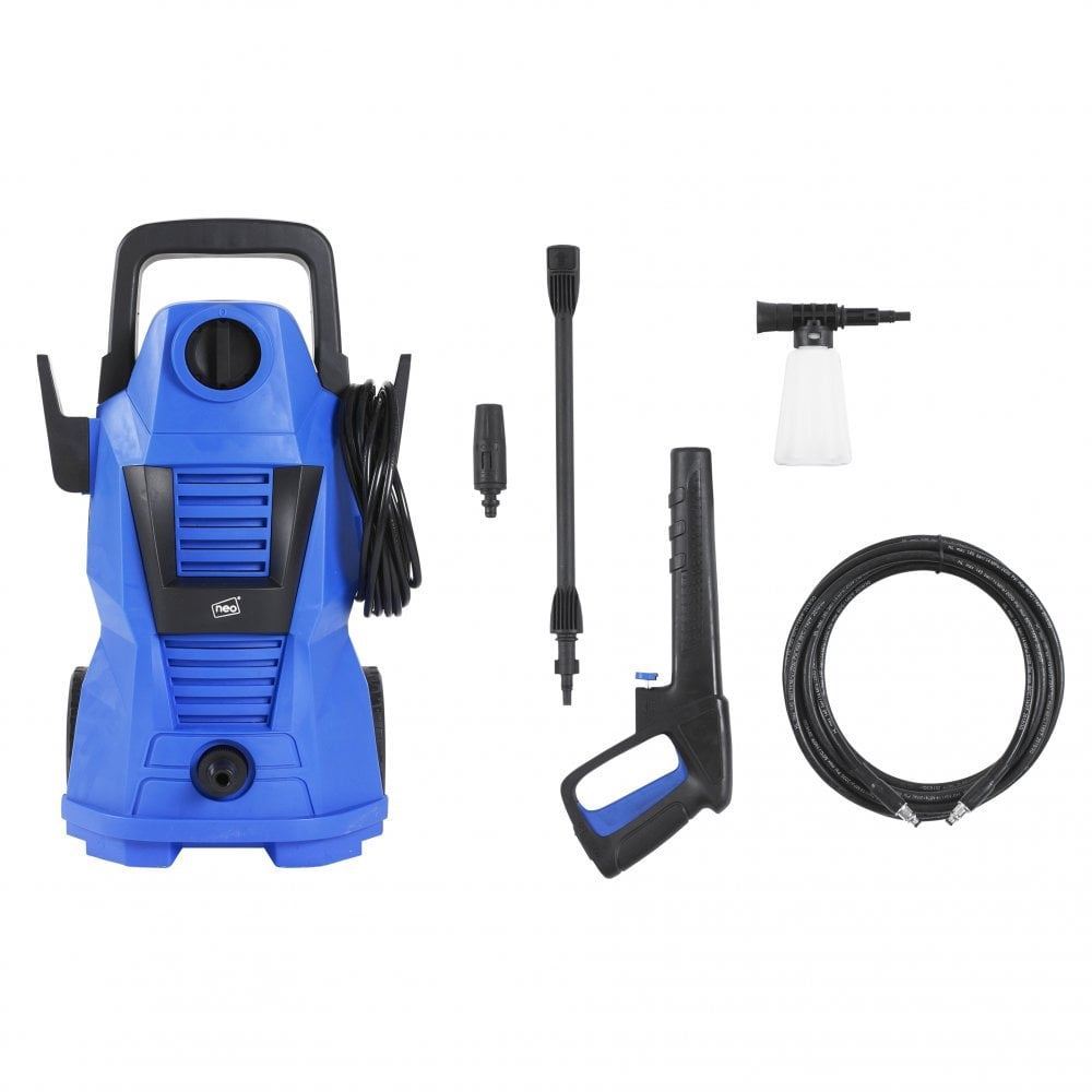 Neo Electric High Pressure Washer, 110 Bar 1400W with Adjustable Nozzle Gun & Foam Tank – Powerful Outdoor Cleaner