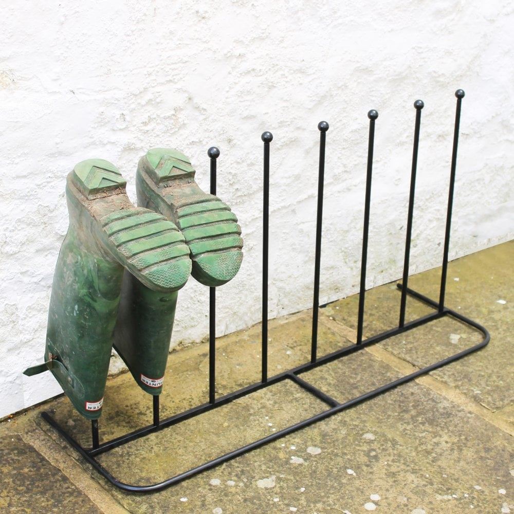 Black Powder Coated Steel Boot Rack, Holds 4 Pairs – Antique Style Metal Welly & Shoe Stand, Indoor & Outdoor