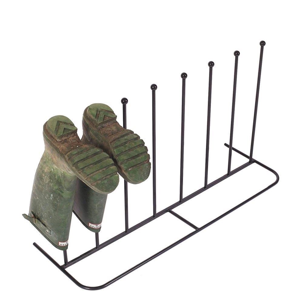 Black Powder Coated Steel Boot Rack, Holds 4 Pairs – Antique Style Metal Welly & Shoe Stand, Indoor & Outdoor