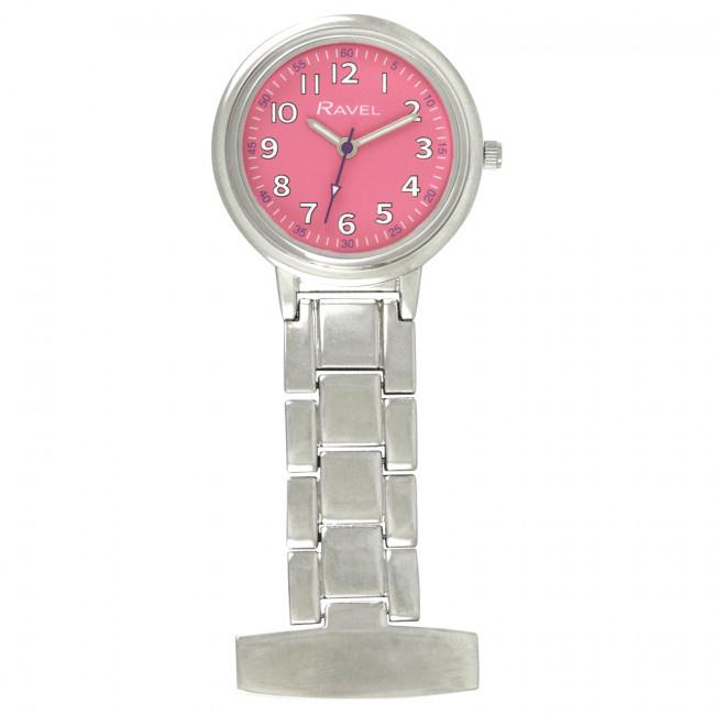 Ravel Easy-Read Nurses Fob Watch, Pink Dial, Silver Tone 32mm Case – R1101.15
