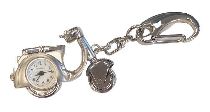 Imperial Miniature Key Chain Clock with Scooter Design – Chrome Plated Metal, Slide Cover, Silver