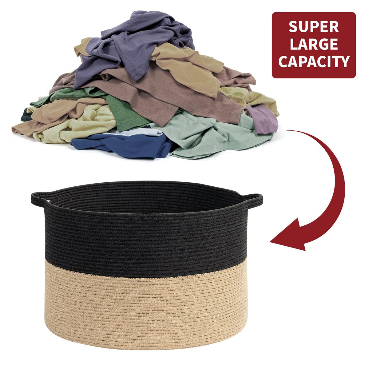 VINSANI Hand-Woven Cotton Rope Laundry Basket with Handles – Storage Basket for Laundry & Toys, Black & Coffee