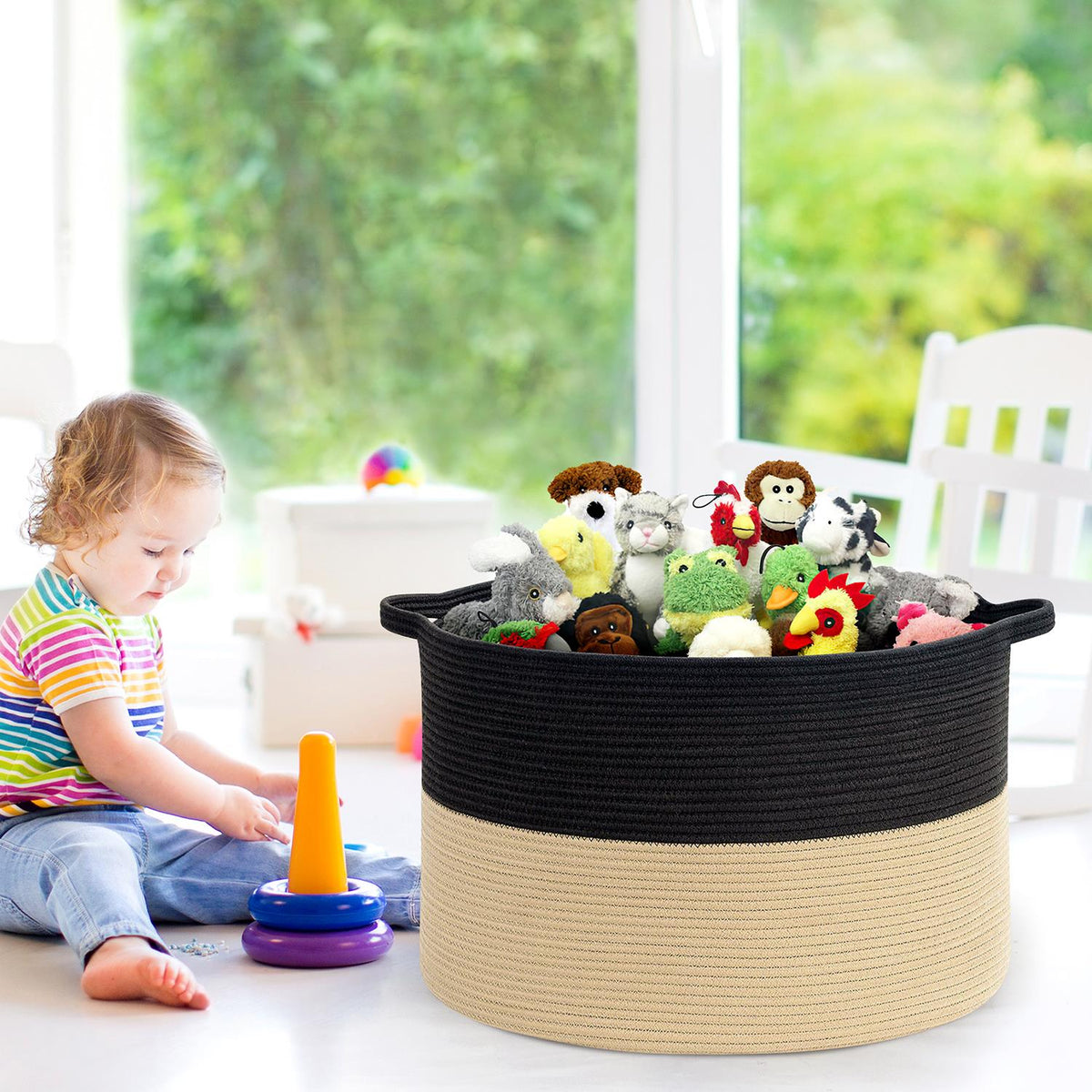 VINSANI Hand-Woven Cotton Rope Laundry Basket with Handles – Storage Basket for Laundry & Toys, Black & Coffee