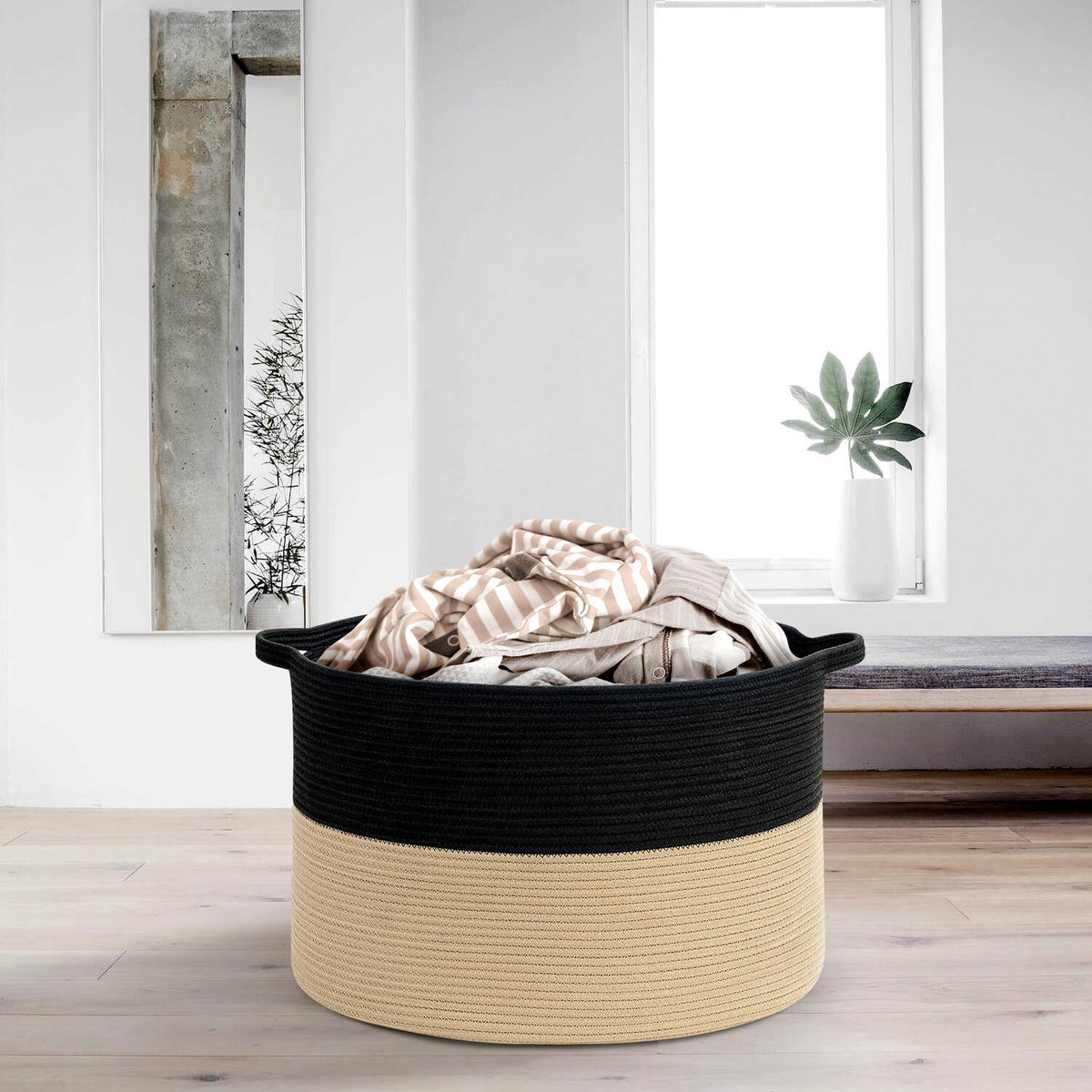 VINSANI Hand-Woven Cotton Rope Laundry Basket with Handles – Storage Basket for Laundry & Toys, Black & Coffee