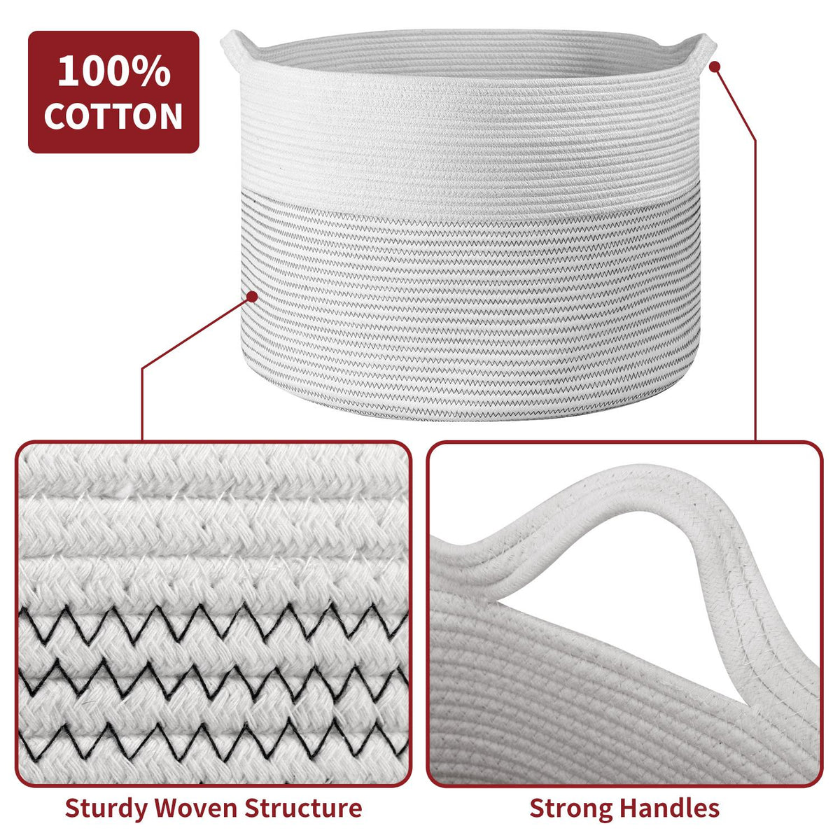 Vinsani Hand-Woven Cotton Rope Laundry Basket, 56 x 35.5cm – Foldable Storage Hamper with Handles