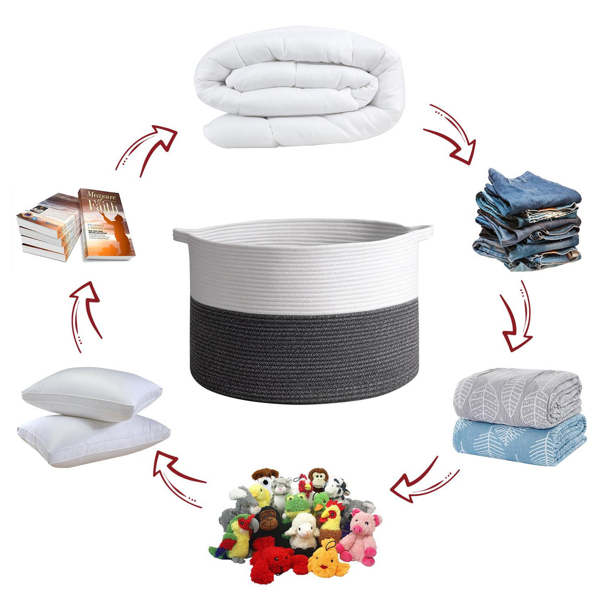 Vinsani Hand-Woven Cotton Rope Laundry Basket, Foldable with Carry Handles – Storage Hamper, White & Grey