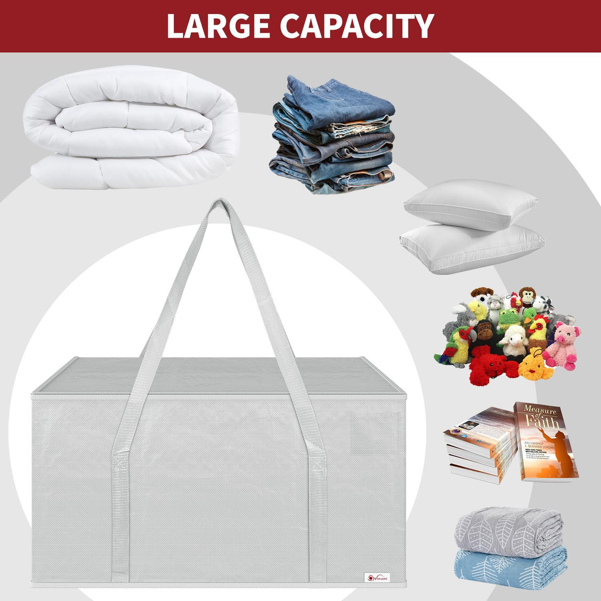VINSANI 12 Pack Large Zip Moving & Storage Bags with Handles – Tear-Resistant Reusable Packing Bags, Grey