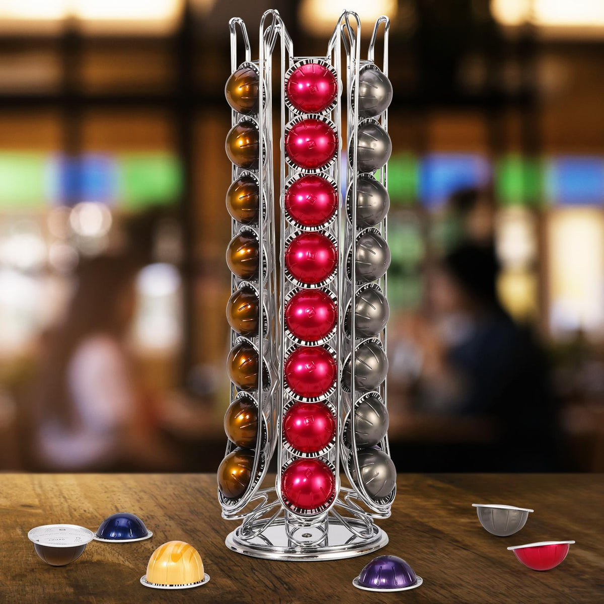 Vinsani 48 Pod Coffee Capsule Stand with 6 Wells – Organised Pod Holder with Clear Flavour Labels, Chrome