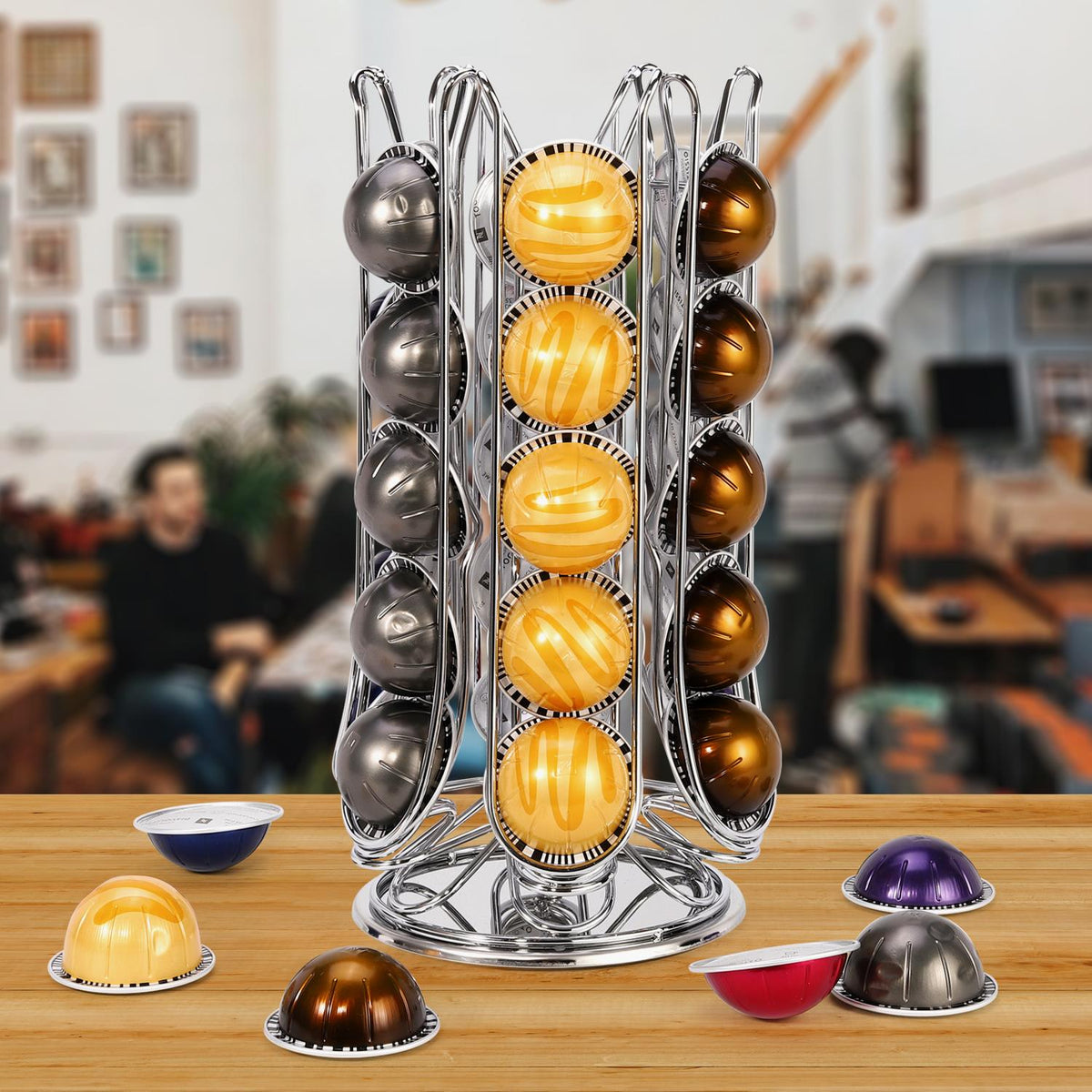 30 Pod Rotating Coffee Capsule Holder for Nespresso Vertuo & Vertuoline – Metal Wire Swivel Stand with Non-Slip Surface