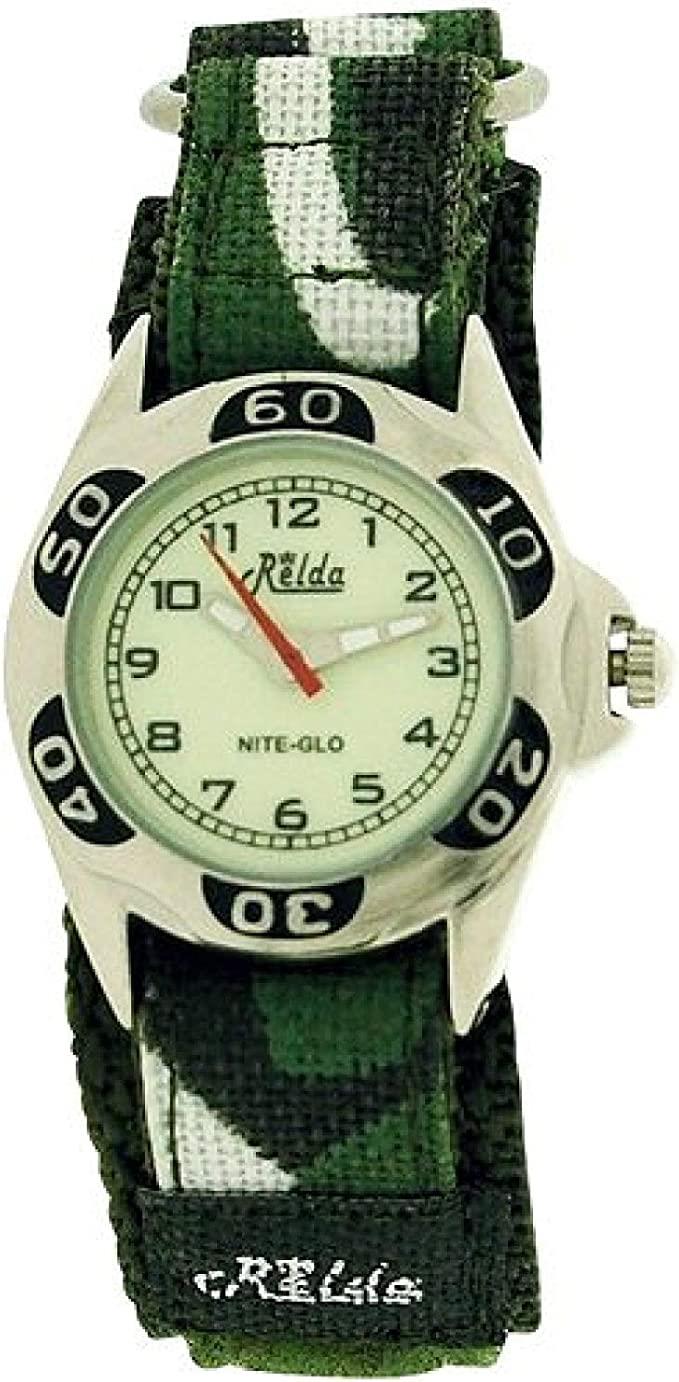 Relda Kids Nite-Glo Watch with Luminous Dial and Velcro Strap – Green Camouflage Army Design, REL64