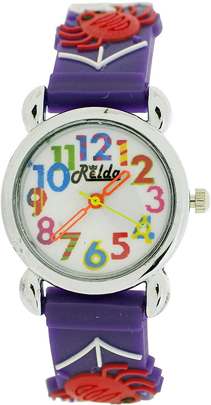 Relda Children's Analogue Watch with Spiders & Web Dial, Purple Silicone Strap – Quartz Kids Watch