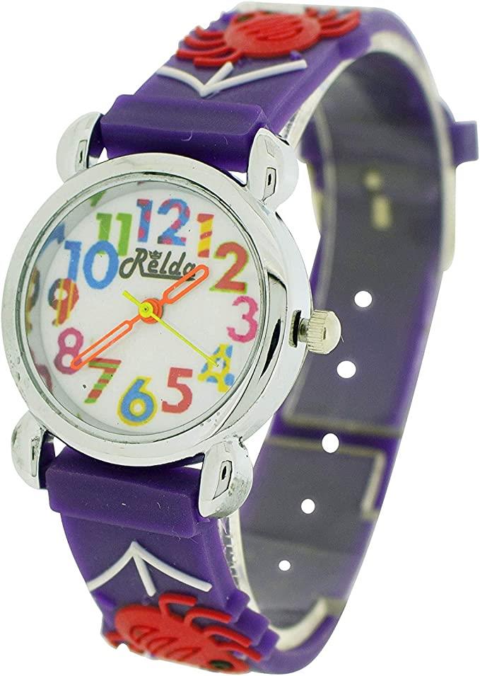 Relda Children's Analogue Watch with Spiders & Web Dial, Purple Silicone Strap – Quartz Kids Watch