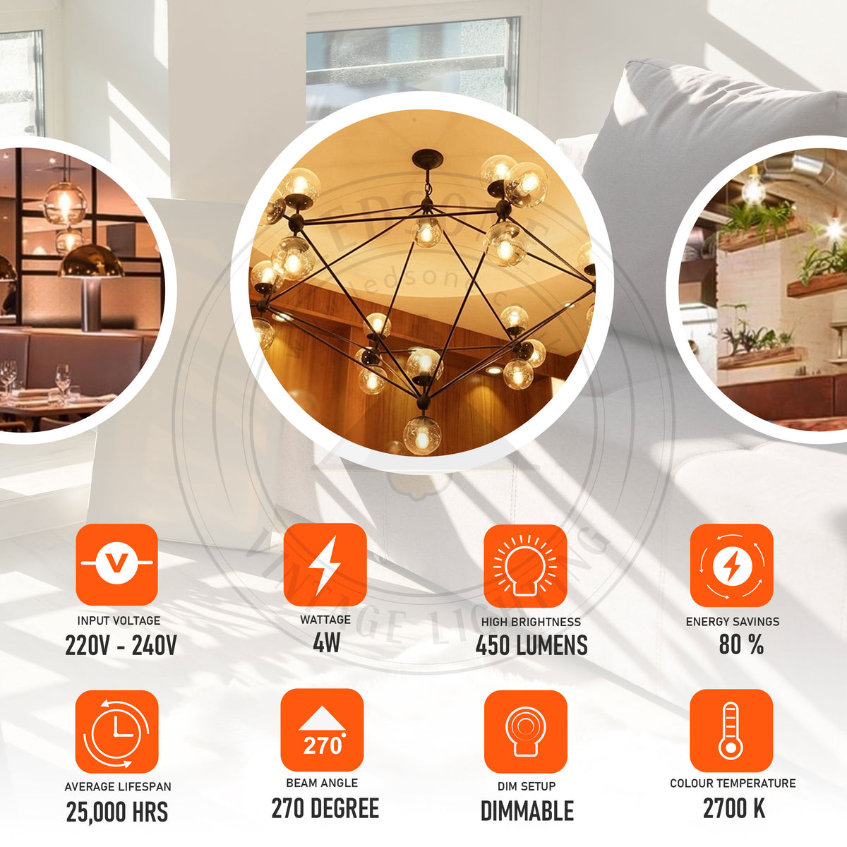 Ledsone 2 Pack E27 G95 Vintage LED Edison Bulbs, 4W Dimmable Warm White 2700K – Amber Glass Filament Globe