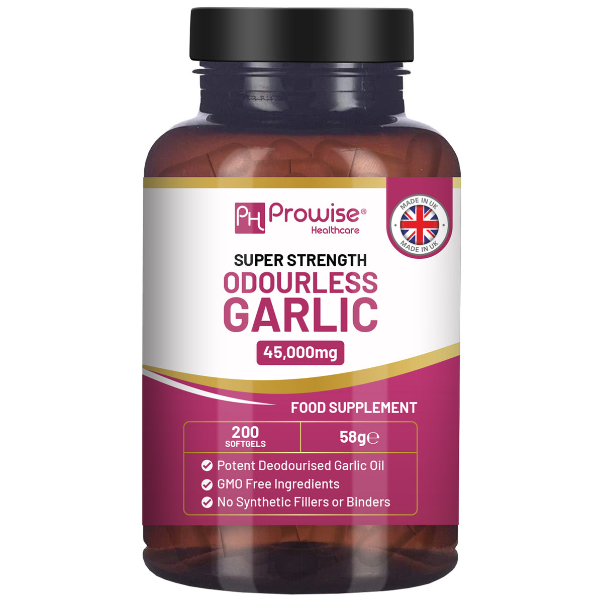 Prowise Premium Odourless Garlic Capsules – High Strength 45,000mg, 200 Softgels, High-Potency Garlic Oil