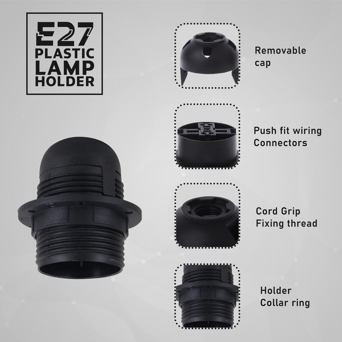 LEDSON Click-In E27 Lamp Holder with Removable Lampshade Collar – Pendant Light Socket, Black