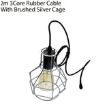LEDSONE 2m Double Pendant Light with Wire Nest Cage Shades and E27 Holders – Farmhouse Style, Brushed Silver