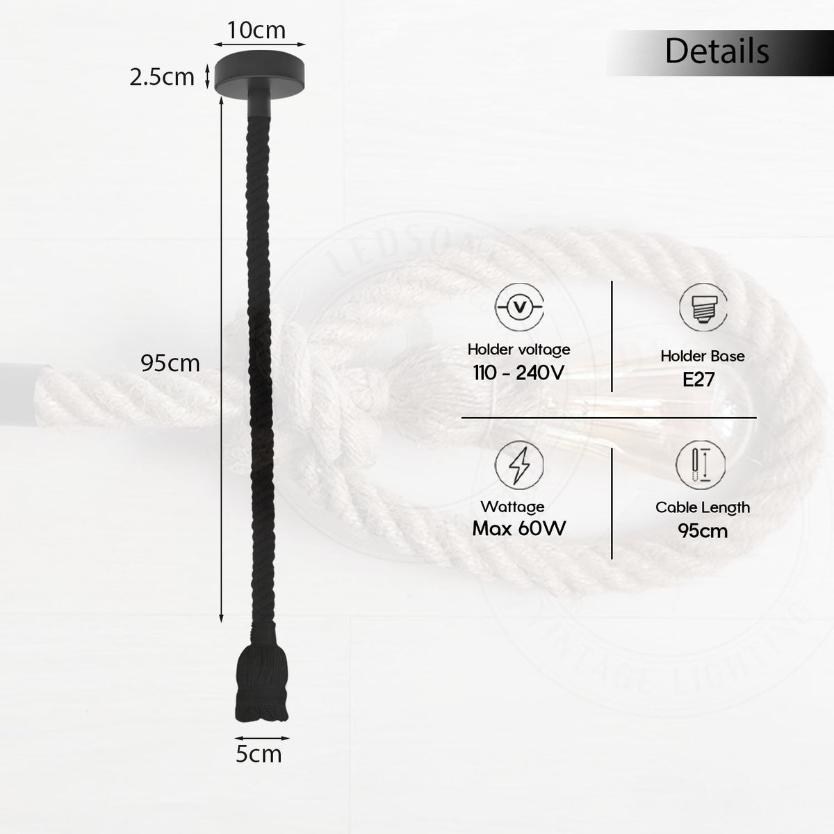 LEDSONE 1m Hemp Rope Ceiling Pendant Light with E27 Metal Base – Single Head Country Vintage Lamp