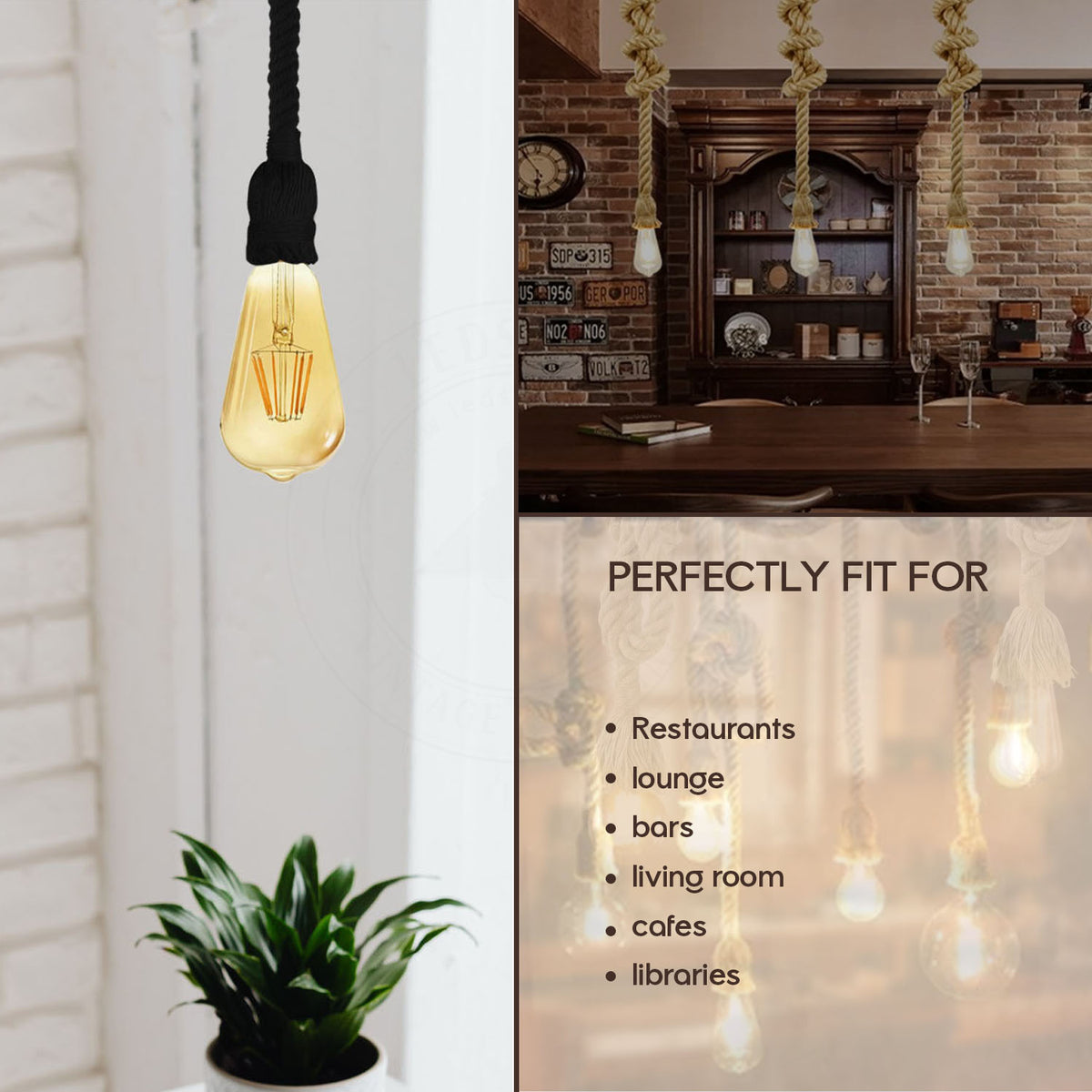 LEDSONE 1m Hemp Rope Ceiling Pendant Light with E27 Metal Base – Single Head Country Vintage Lamp