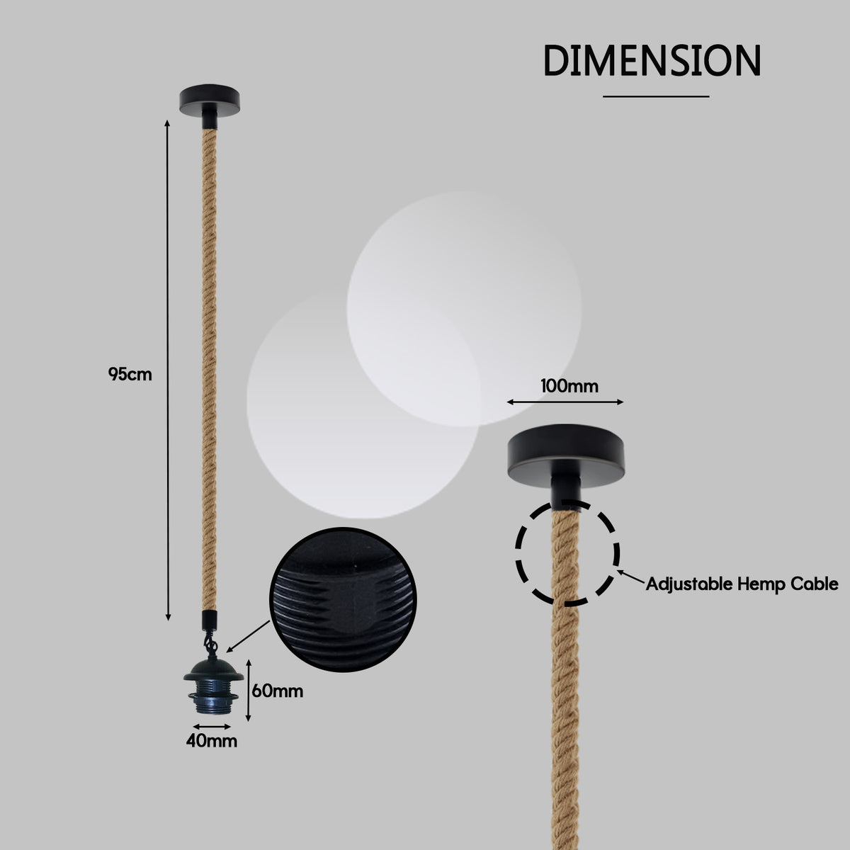 LEDSONE Vintage Pendant Light Fitting with E27 Lamp Holder & 95cm Hemp Cable – Dimmable Ceiling Hanging Light